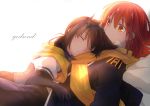  2girls bodysuit brown_hair closed_eyes crossover fate_(series) fujimaru_ritsuka_(female) hair_ribbon hatsuzuki_(kantai_collection) highres kantai_collection long_hair lying multiple_girls on_back pin.s ponytail red_eyes redhead ribbon scarf skirt sleeping sleeping_on_person upper_body 