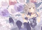  1girl balloon bare_shoulders blush bow breasts clouds dress feathers hair_feathers looking_at_viewer medium_breasts medium_hair nagitoki original purple_bow purple_dress silver_hair sky striped striped_bow violet_eyes wrist_cuffs 