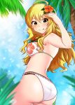  1girl ;p ahoge ass bikini blonde_hair breasts day eyebrows_visible_through_hair floral_print flower from_behind green_eyes green_s hair_between_eyes hair_flower hair_ornament hibiscus hoshii_miki idolmaster long_hair lookinat_viwer looking_back medium_breasts momoda_yasuhito one_eye_closed orange_flower outdoors palm_tree shiny shiny_skin sideboob solo standing swimsuit tongue tongue_out tree very_long_hair white_bikini 