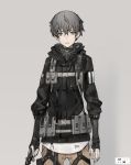  ambiguous_gender androgynous bangs cowboy_shot dagger grey_background grey_eyes grey_hair hair_between_eyes holding holding_weapon jacket load_bearing_equipment looking_at_viewer neco original pants parted_lips short_hair simple_background solo standing weapon 