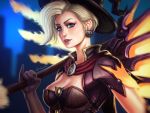  1girl alternate_costume artist_name backlighting blonde_hair blue_eyes bodice breasts brown_gloves capelet cleavage dated earrings elbow_gloves gloves halloween halloween_costume hat highres holding holding_staff jack-o&#039;-lantern jack-o&#039;-lantern_earrings jewelry kylekayhos lips looking_at_viewer mechanical_wings medium_breasts mercy_(overwatch) night nose outdoors overwatch parted_lips pink_lips pinky_out portrait short_hair short_sleeves signature smile solo spread_wings staff wings witch witch_hat witch_mercy yellow_wings 