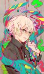  1boy absurdres bangs black_necktie blonde_hair cigarette colorful commentary from_side grey_eyes grey_jacket hair_between_eyes highres hiranko holding holding_cigarette long_sleeves looking_afar looking_away male_focus necktie original parted_lips psychedelic sanpaku solo stain 