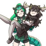  2girls animal_ears bike_shorts black_hair carrying chameleon_tail gloves highres hood kemono_friends long_hair moose_(kemono_friends) moose_ears multiple_girls open_mouth panther_chameleon_(kemono_friends) princess_carry shirt shoes short_hair skirt sleeveless smile tail takoongyi trembling 