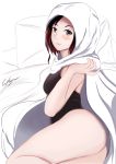  1girl absurdres aikiyun artist_name ass blush brown_hair capelet grey_eyes highres hood leotard looking_at_viewer lying on_side rwby signature smile solo summer_rose thighs white_background white_hood 