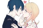  1boy 1girl akamatsu_kaede black_hair blonde_hair blush couple dangan_ronpa eye_contact finger_to_another&#039;s_chin hand_on_another&#039;s_shoulder heart imminent_kiss long_hair looking_at_another musical_note musical_note_hair_ornament necktie new_dangan_ronpa_v3 parted_lips quaver saihara_shuuichi school_uniform simple_background sweater_vest violet_eyes 