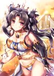  1girl alternate_breast_size bare_shoulders black_hair blush breasts bridal_gauntlets cleavage crown earrings elbow_gloves fate/grand_order fate_(series) fukase_ayaka gloves hair_ribbon hoop_earrings ishtar_(fate/grand_order) jewelry large_breasts long_hair looking_at_viewer midriff navel red_eyes ribbon single_elbow_glove smile solo tohsaka_rin two_side_up 