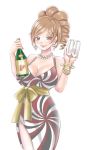  alcohol bangle bracelet breasts brown_eyes brown_hair champagne_flute cleavage cup dress drinking_glass jewelry kawamoto_akari komotodaemai lipstick looking_at_viewer makeup necklace pearl_earrings pearl_necklace sangatsu_no_lion smile standing 