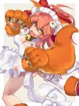  1girl animal_ears apron ass bell bell_collar blush_stickers breasts cleavage collar fangs fate/extra fate/grand_order fate_(series) fox_ears fox_tail hair_ribbon highres large_breasts long_hair looking_at_viewer maid_headdress naked_apron open_mouth paws pink_hair renka_(renkas) ribbon solo tail tamamo_(fate)_(all) tamamo_cat_(fate) yellow_eyes 