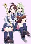  2girls aqua_eyes blonde_hair blue_legwear blue_skirt blush book brown_hair brown_shoes closed_eyes diana_cavendish facing_viewer green_hair highres holding holding_book holding_staff inami_(chiba) kagari_atsuko kneehighs little_witch_academia long_hair looking_at_another mary_janes multicolored_hair multiple_girls open_book open_mouth school_uniform shiny_rod shoes sitting skirt smile staff two-tone_hair vest yuri 