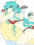  1boy 1girl absurdres aqua_hair ass bikini blue_eyes blue_hair eirika ephraim fire_emblem fire_emblem:_seima_no_kouseki fire_emblem_heroes gloves green_eyes green_hair highres ijiro_suika long_hair looking_at_viewer short_hair smile swimsuit 