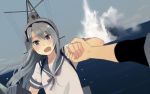  2girls amagiri_(kantai_collection) annin_musou blue_eyes bow commentary_request explosion grey_hair grey_sky hair_between_eyes hair_bow hairband hand_grab kantai_collection long_hair multiple_girls ocean open_mouth rigging sagiri_(kantai_collection) school_uniform serafuku short_sleeves sidelocks surprised translation_request turret 
