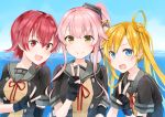  3girls :d abukuma_(kantai_collection) black_gloves blonde_hair blue_eyes gloves grey_sailor_collar hair_between_eyes hair_rings kantai_collection kinu_(kantai_collection) long_hair multiple_girls open_mouth partly_fingerless_gloves pink_hair ponytail red_eyes red_ribbon redhead remodel_(kantai_collection) ribbon sailor_collar short_hair short_sleeves smile v yellow_eyes yuna_(yukiyuna) yura_(kantai_collection) 