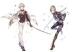  2boys black_gloves black_pants blonde_hair boots cherry_blossoms eyes_visible_through_hair fangs gloves granblue_fantasy granblue_fantasy_(style) green_hair hair_over_one_eye higekiri_(touken_ranbu) hizamaru_(touken_ranbu) jacket jacket_on_shoulders male_focus multiple_boys official_style open_mouth pants parody petals short_hair smile style_parody sword touken_ranbu twitter_username weapon white_pants yellow_eyes 