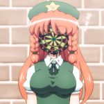  1girl braid breasts brick_wall closed_eyes collared_shirt commentary_request dartboard eyebrows_visible_through_hair facepaint hat hong_meiling long_hair neck_ribbon open_mouth orange_hair ribbon saliva shirosato shirt short_sleeves sleeping solo touhou twin_braids upper_body vest wall 