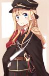  1girl belt black_cape blonde_hair blue_eyes braid cape cowboy_shot hand_on_hip hat high_school_fleet highres kapatarou long_hair looking_at_viewer military military_uniform necktie peaked_cap red_necktie single_braid smile solo sword uniform weapon wilhelmina_braunschweig_ingenohl_friedeburg 