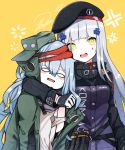  &gt;:d 0_0 2girls :d anger_vein arm_around_neck bangs beret black_gloves black_hat blue_hair blunt_bangs blush_stickers clenched_hand commentary g11_(girls_frontline) girls_frontline gloves green_eyes green_hat green_jacket hair_ornament hat head_tilt highres hk416_(girls_frontline) jacket long_hair looking_at_viewer magazine_(weapon) multiple_girls open_clothes open_jacket open_mouth signature smile tosyeo very_long_hair wavy_mouth yellow_background 