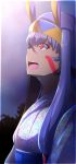  1girl absurdres dark_skin facial_mark fate/grand_order fate_(series) fireworks floral_print from_side hairband highres japanese_clothes kimono long_hair looking_away night night_sky nitocris_(fate/grand_order) obi open_mouth purple_hair sash sky solo upper_body violet_eyes wadakazu 