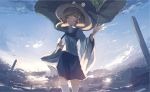  1girl backlighting blonde_hair closed_mouth clouds cloudy_sky day hair_ribbon hat highres holding leaf_umbrella long_sleeves mifuru moriya_suwako onbashira outdoors red_ribbon ribbon sidelocks skirt skirt_set sky smile solo standing sunlight thigh-highs touhou tress_ribbon turtleneck vest water_drop white_legwear wide_sleeves yellow_eyes 