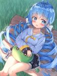  1girl bench black_skirt blue_eyes blue_hair blue_shirt blush character_request crossed_arms curly_hair highres long_hair maplestory maplestory_2 open_mouth outdoors ribbon shirt sitting skirt slime smile tandohark twintails very_long_hair 