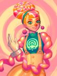  1girl arms_(game) bellhenge clown clown_nose gloves green_eyes jewelry lola_pop looking_at_viewer mask multicolored_hair orange_hair puffy_sleeves smile solo two-tone_hair 