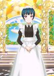  1girl alternate_costume alternate_hairstyle apron artist_request bangs blue_hair blunt_bangs blush confetti dress enmaided hair_bun long_sleeves looking_at_viewer love_live! love_live!_school_idol_festival love_live!_school_idol_project love_live!_sunshine!! maid maid_apron official_art puffy_sleeves ribbon smile solo tied_hair tsushima_yoshiko violet_eyes 