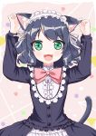  +_+ 1girl :3 :d absurdres animal_ears arms_up bangs beige_background bell black_dress black_hair blush bow cat_ears cat_girl cat_tail circle collar commentary_request curly_hair cyan_(show_by_rock!!) dress ear_grab eyebrows_visible_through_hair frilled_collar frilled_dress frills green_eyes hairband heart highres jingle_bell lolita_hairband long_hair long_sleeves looking_at_viewer open_mouth pink_bow ribbon show_by_rock!! smile solo square tail tareme triangle upper_body white_ribbon xiaosamiao 