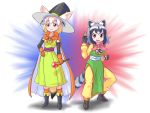  2girls :d animal_ears black_boots black_hair blonde_hair blush boots brown_eyes clenched_hand closed_mouth commentary_request common_raccoon_(kemono_friends) cosplay detached_sleeves dragon_quest dragon_quest_iii dress eyebrows_visible_through_hair fang fennec_(kemono_friends) fighter_(dq3) fighter_(dq3)_(cosplay) fingerless_gloves fox_tail full_body gloves green_dress grey_hair hat holding holding_wand kemono_friends looking_at_viewer mage_(dq3) mage_(dq3)_(cosplay) multicolored_hair multiple_girls open_mouth orange_cape orange_gloves orange_legwear pants pelvic_curtain pxton raccoon_ears raccoon_tail sash sketch smile socks standing tail wand white_background white_hair witch witch_hat yellow_pants 