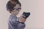  &gt;:) 1girl beige_background blue_eyes breasts brown_hair browning_buck_mark closed_mouth commentary_request dress_shirt earrings finger_on_trigger genso glasses gun handgun holding holding_gun holding_weapon jewelry large_breasts laser_sight long_sleeves looking_at_viewer original pistol red_glasses shirt short_hair signature smile solo striped striped_shirt weapon 