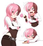  :t =3 belt blush brown_eyes brown_hair cropped_torso crossed_arms cslucaris food gloves heterochromia hips ice_cream ice_cream_cone jewelry melting multiple_necklaces necklace neo_(rwby) pants pink_eyes pink_hair rwby sprinkles surprised tight tight_pants trembling waffle_cone white_background 