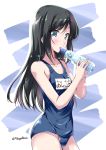  1girl asashio_(kantai_collection) black_hair blue_eyes blush drink kantai_collection long_hair looking_at_viewer mikage_takashi ramune school_swimsuit solo swimsuit twitter_username 