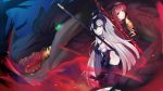  2girls ahoge black_gloves breasts chains dragon elbow_gloves fate/grand_order fate_(series) gloves green_eyes hair_between_eyes highres holding holding_sword holding_weapon jeanne_alter long_hair looking_at_viewer looking_back medium_breasts multiple_girls nahaki parted_lips polearm red_eyes redhead ruler_(fate/apocrypha) scathach_(fate/grand_order) sideboob silver_hair smile spaulders spear sword very_long_hair weapon yellow_eyes 