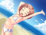  1girl arm_behind_head armpits arms_up artist_request beach bikini blush brown_hair closed_eyes clouds flat_chest hair_ornament hairclip idolmaster idolmaster_cinderella_girls navel ocean open_mouth outdoors ryuuzaki_kaoru short_hair sky smile solo swimsuit white_bikini white_swimsuit 