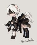 1girl animal_ears animalization black_dress blindfold cleavage_cutout dantewontdie dress full_body hairband horse_ears mole mole_under_mouth my_little_pony my_little_pony_friendship_is_magic nier_(series) nier_automata short_hair silver_hair solo tail thigh-highs thighhighs_under_boots yorha_no._2_type_b 