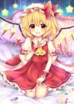  1girl :d ascot bangs bed blonde_hair bow candy commentary_request crystal eyebrows_visible_through_hair fang flandre_scarlet food frilled_pillow frilled_ribbon frilled_shirt_collar frilled_skirt frilled_sleeves frills full_body gradient_eyes hair_between_eyes hand_up hat hat_ribbon heart heart_pillow highres lollipop looking_at_viewer mob_cap multicolored multicolored_eyes open_mouth pillow puffy_short_sleeves puffy_sleeves red_eyes red_ribbon red_skirt red_vest ribbon ruhika seiza shirt short_hair short_sleeves side_ponytail sitting skirt skirt_hold skirt_set smile solo sparkle star starry_background striped striped_pillow touhou twitter_username vest white_bow white_hat white_shirt wings wrapped_candy wrapper wrist_cuffs yellow_ascot yellow_eyes 