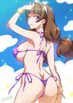  1girl amanogawa_kirara artist_name ass bikini breasts brown_hair butt_crack cleavage cowboy_shot earrings erect_nipples go!_princess_precure hairband heart jewelry joy_ride large_breasts long_hair looking_at_viewer looking_back precure purple_bikini shiny shiny_hair shiny_skin side-tie_bikini smile solo standing star star_earrings swimsuit violet_eyes 