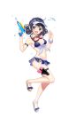  1girl bikini black_hair blue_eyes breasts cleavage double_bun formation_girls full_body goggles goggles_around_neck hatamori_miu highres kamura_poku long_hair looking_at_viewer medium_breasts official_art sandals solo swimsuit transparent_background water_gun 
