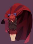  1girl bare_legs black_blouse blouse blue_bow bow cape cropped_legs hair_bow hand_on_own_face highres long_sleeves looking_down miniskirt pleated_skirt red_skirt redhead sekibanki simple_background skirt solo standing touhou usuaji 