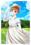  1girl :3 alternate_costume arm_at_side blue_sky blurry blurry_background bow bracelet brown_hair collarbone day dress hand_up hat hat_bow highres jewelry key looking_at_viewer necklace persona persona_4 pink_dress satonaka_chie sky solo standing twitter_username yuigata_32rugi 