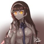  1girl artist_name between_breasts black_hair blush breasts dated finger_to_mouth fingers girls_frontline gloves glowing glowing_eyes long_hair looking_at_viewer madcore monochrome one_eye_closed qbz-95_(girls_frontline) yellow_eyes 
