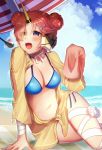  1girl bandage beach beach_umbrella berserker_of_black bikini blue_bikini blue_eyes blush breasts cleavage detached_sleeve double_bun fate/grand_order fate_(series) feeding frankenstein&#039;s_monster_(swimsuit_saber)_(fate) hair_ornament hair_over_one_eye hairclip heterochromia horn jacket koruta_(nekoimo) large_breasts ocean pink_hair shaved_ice solo spoon swimsuit umbrella yellow_eyes yellow_jacket 