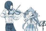  1boy 1girl ahoge bob_cut bow_(instrument) closed_eyes cowboy_shot hakozaki_serika idolmaster idolmaster_million_live! idolmaster_side-m instrument kagura_rei long_hair looking_at_another monochrome music music_stand playing_instrument sheet_music simple_background trait_connection twintails very_long_hair violin wachiko white_background 
