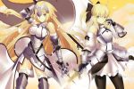 2girls arm_up armor armored_boots armored_dress artoria_pendragon_(all) banner black_bow black_legwear blonde_hair boots bow breasts breasts_apart fate/apocrypha fate_(series) floating_hair gauntlets green_eyes grey_eyes hair_bow high_ponytail holding holding_sword holding_weapon large_breasts long_hair looking_at_viewer multiple_girls pantyhose qiye_yue ruler_(fate/apocrypha) saber_lily sword thigh-highs thigh_boots very_long_hair weapon 