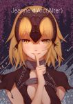  1girl blonde_hair breasts chains character_name cleavage eyebrows_visible_through_hair fate/grand_order fate_(series) finger_to_mouth hakui_(b600723) highres index_finger_raised jeanne_alter looking_at_viewer parted_lips ruler_(fate/apocrypha) short_hair small_breasts smile solo upper_body yellow_eyes 