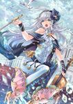  1girl bare_shoulders bird blue_eyes boots cape clouds day force_of_will full_body hairband high_heel_boots high_heels instrument j-peg long_hair official_art open_mouth sitting sky sparkle teeth violin white_hair 