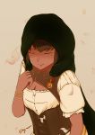  1girl absurdres aikiyun amber_(rwby) artist_name breasts brown_hair cleavage cleavage_cutout closed_eyes corset hand_on_own_chest highres hood mole mole_under_eye puffy_sleeves rwby solo tan upper_body 