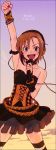  1girl argyle arm_up armlet armpits bare_shoulders belt blush bracelet brown_hair cable choker clenched_hand clouds commentary_request cowboy_shot cuffs dress green_eyes handcuffs headphones highres holding holding_microphone idolmaster idolmaster_cinderella_girls jewelry looking_at_viewer lyrics microphone multiple_belts music open_mouth short_hair singing sky sleeveless sleeveless_dress solo star_(sky) strapless strapless_dress striped striped_legwear syouyumochi33 tada_riina thigh-highs translated twilight v-shaped_eyebrows 