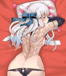  1girl ass back bangs black_panties blunt_bangs blush breasts dateya_torahachi fate/grand_order fate_(series) heart heart-shaped_pupils highres long_hair lying muscle muscular_female on_stomach panties penthesilea_(fate/grand_order) solo symbol-shaped_pupils underwear white_hair yes-no_pillow 