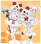  4girls alternate_hair_color animal_ears common_raccoon_(kemono_friends) fang fennec_(kemono_friends) gloves highres kaban_(kemono_friends) kemono_friends koala_(kemono_friends) koala_ears multiple_girls open_mouth serval_(kemono_friends) skirt white_hair 