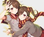  2girls ;p ascot bracelet braid buttons futami_ami futami_mami grey_background idolmaster jewelry looking_at_viewer multiple_girls one_eye_closed scarf school_uniform siblings side_ponytail simple_background sisters striped striped_scarf tongue tongue_out twins v 