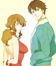  1boy 1girl 67k back_cutout backless_outfit bangs bare_arms bare_shoulders breasts brown_hair christina_sierra curly_hair from_behind green_eyes gundam gundam_00 halter_top halterneck hands_in_pockets jacket large_breasts lichtendahl_tsery long_hair looking_back ponytail short_hair sideboob sleeveless smile turtleneck 